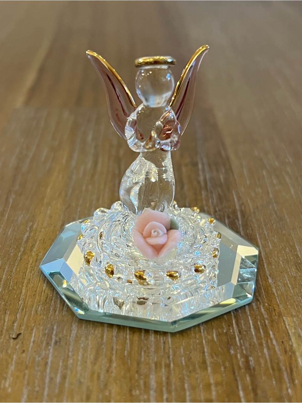 Vintage hand blown spun glass Angel figurine pink rose gold trim 3.25”